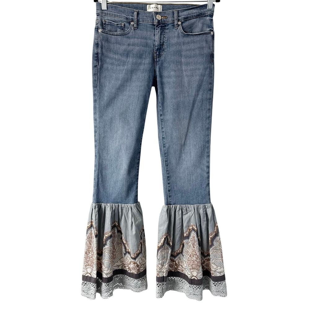 FRAME Flare Jeans Flounce Lace Hems in Quirky | Womens Size 26 EUC
